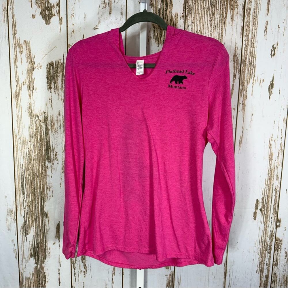District Women's Bright Pink Hooded Long Sleeve Tee. Flathead Lake. Size Medium